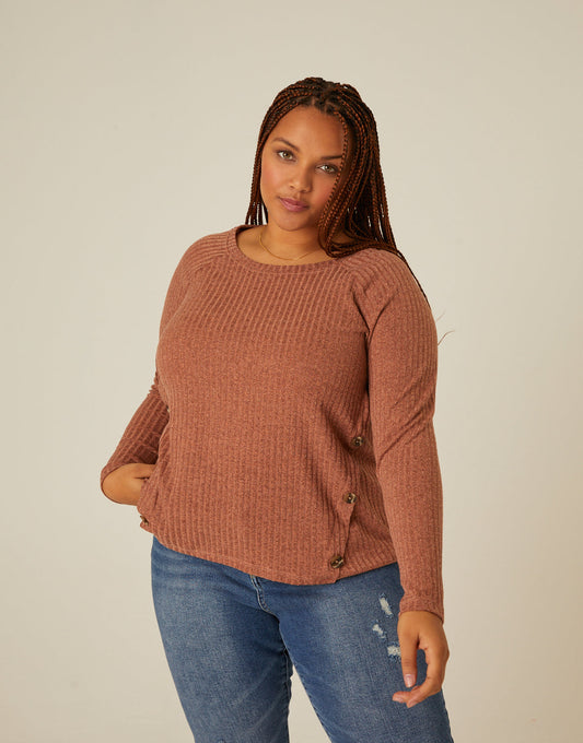 Plus Size Button Detail Ribbed Top