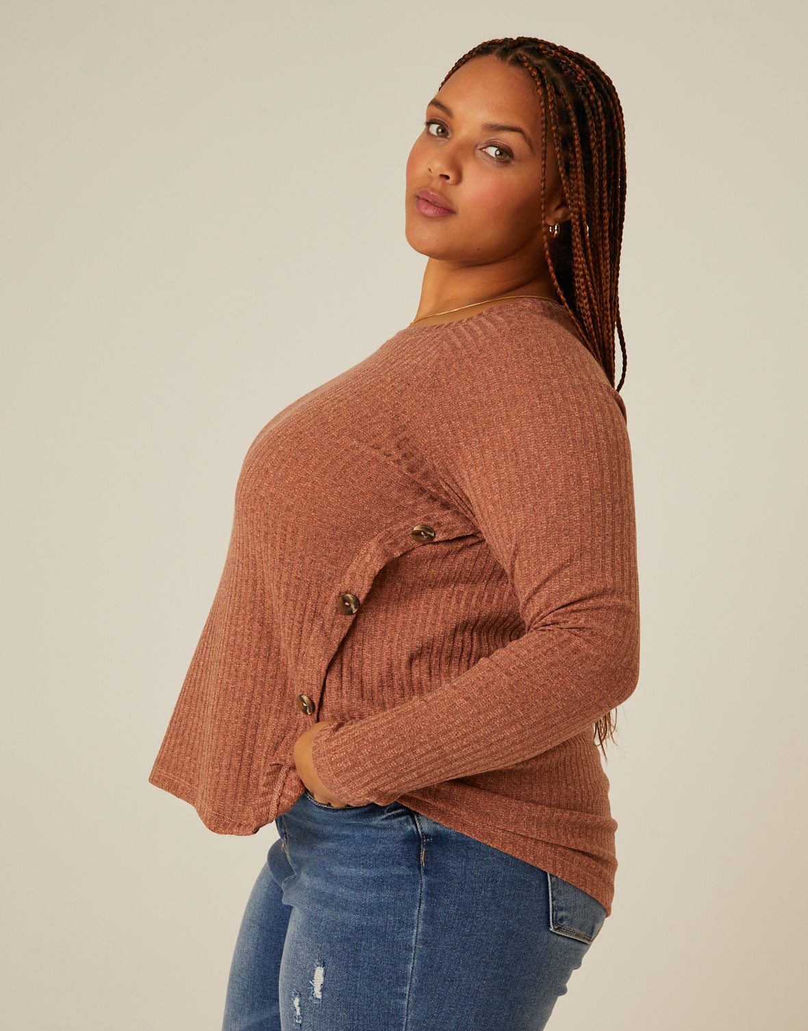 Plus Size Button Detail Ribbed Top