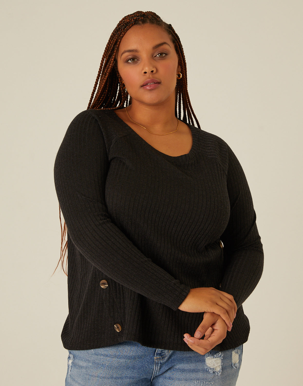 Plus Size Button Detail Ribbed Top