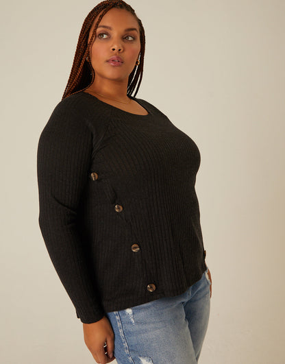 Plus Size Button Detail Ribbed Top