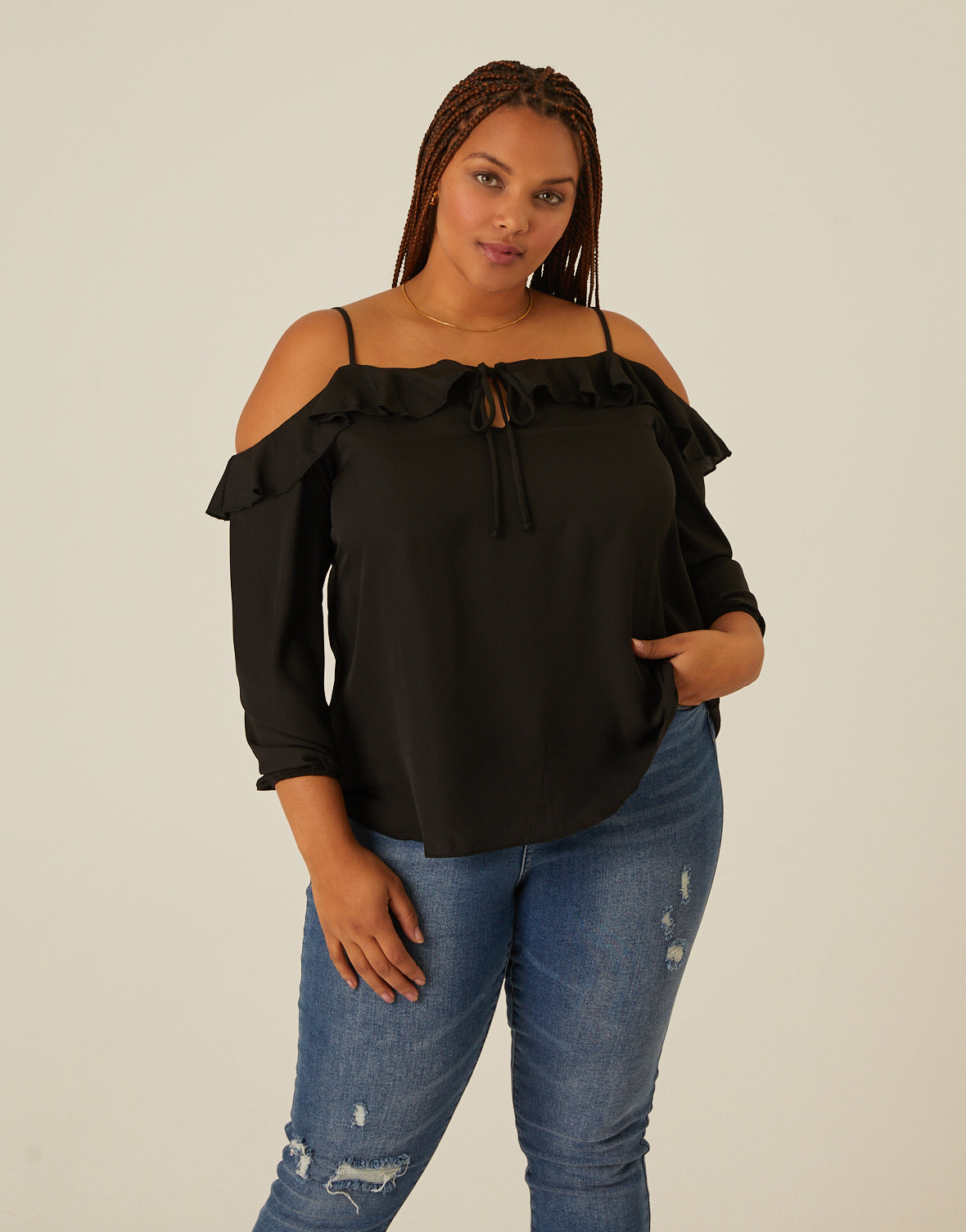 Plus Size Cold Shoulder Ruffle Blouse