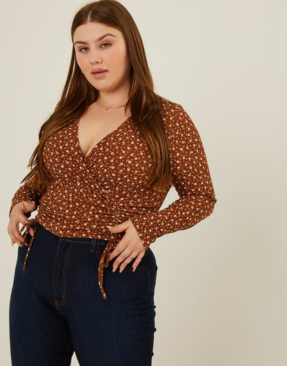 Plus Size Floral Double Ruching Top