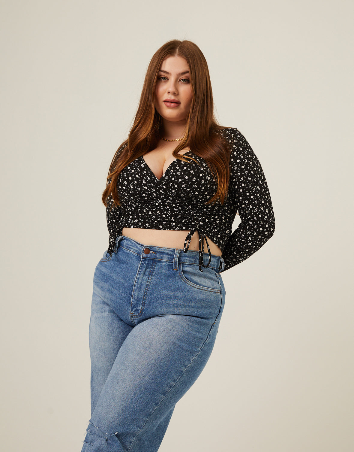 Plus Size Floral Double Ruching Top