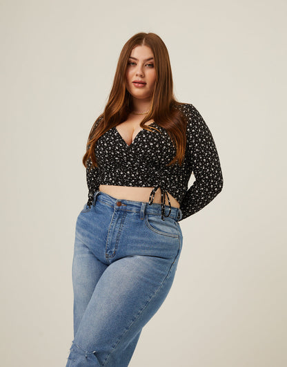 Plus Size Floral Double Ruching Top