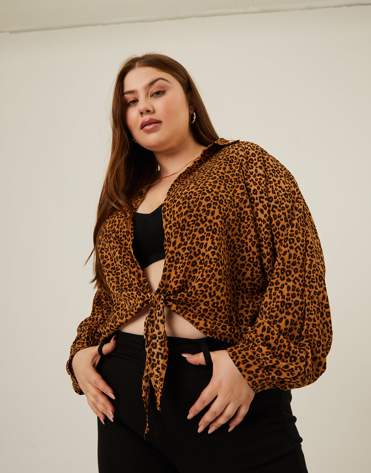 Plus Size Leopard Tie Front Top