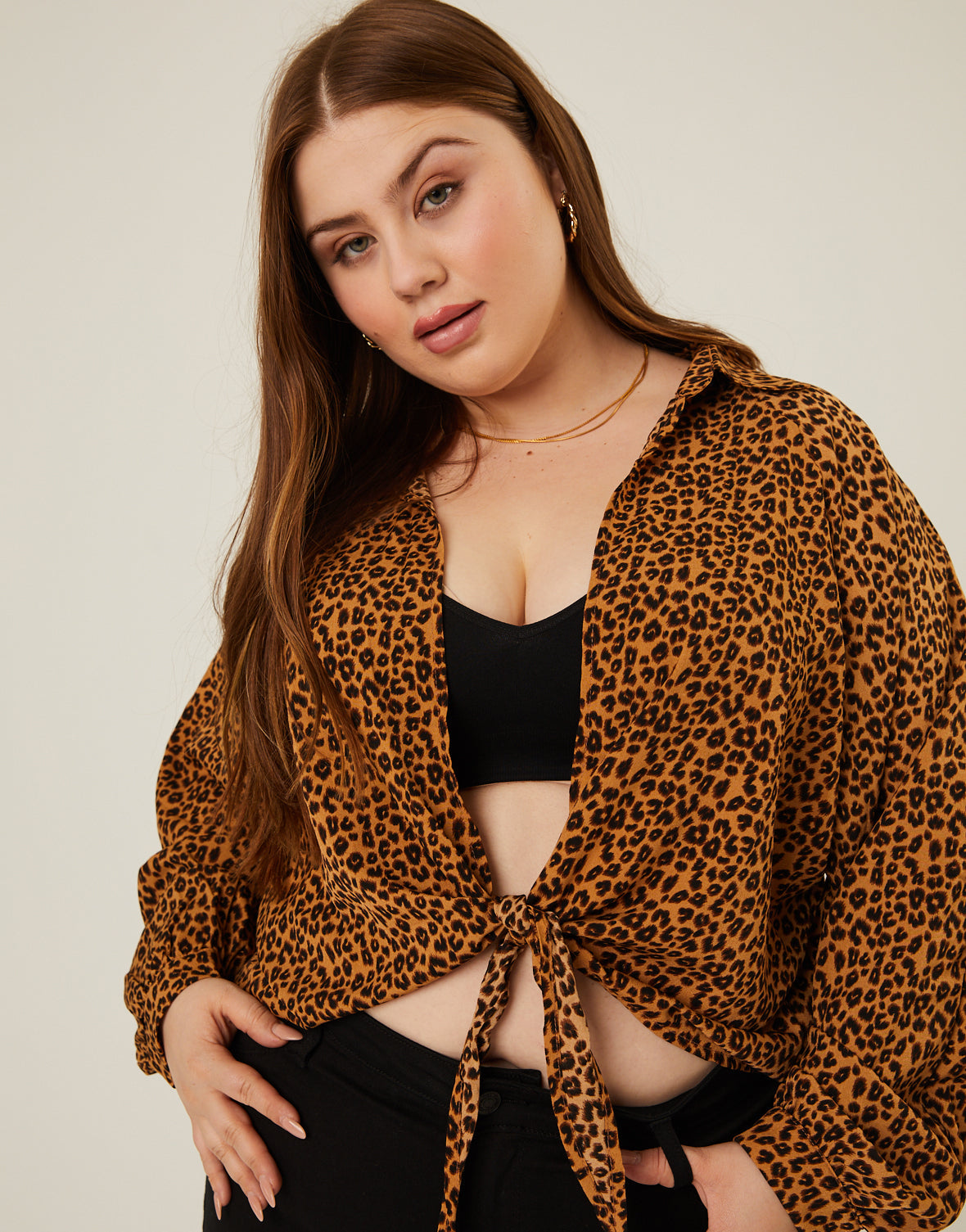 Plus Size Leopard Tie Front Top