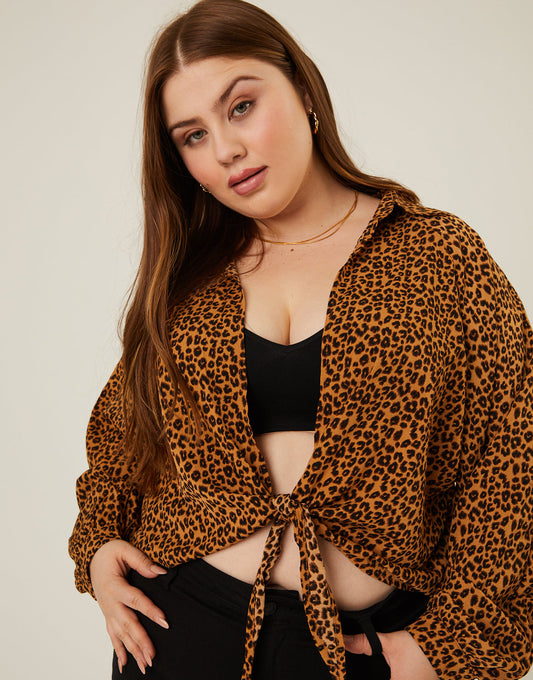 Plus Size Leopard Tie Front Top