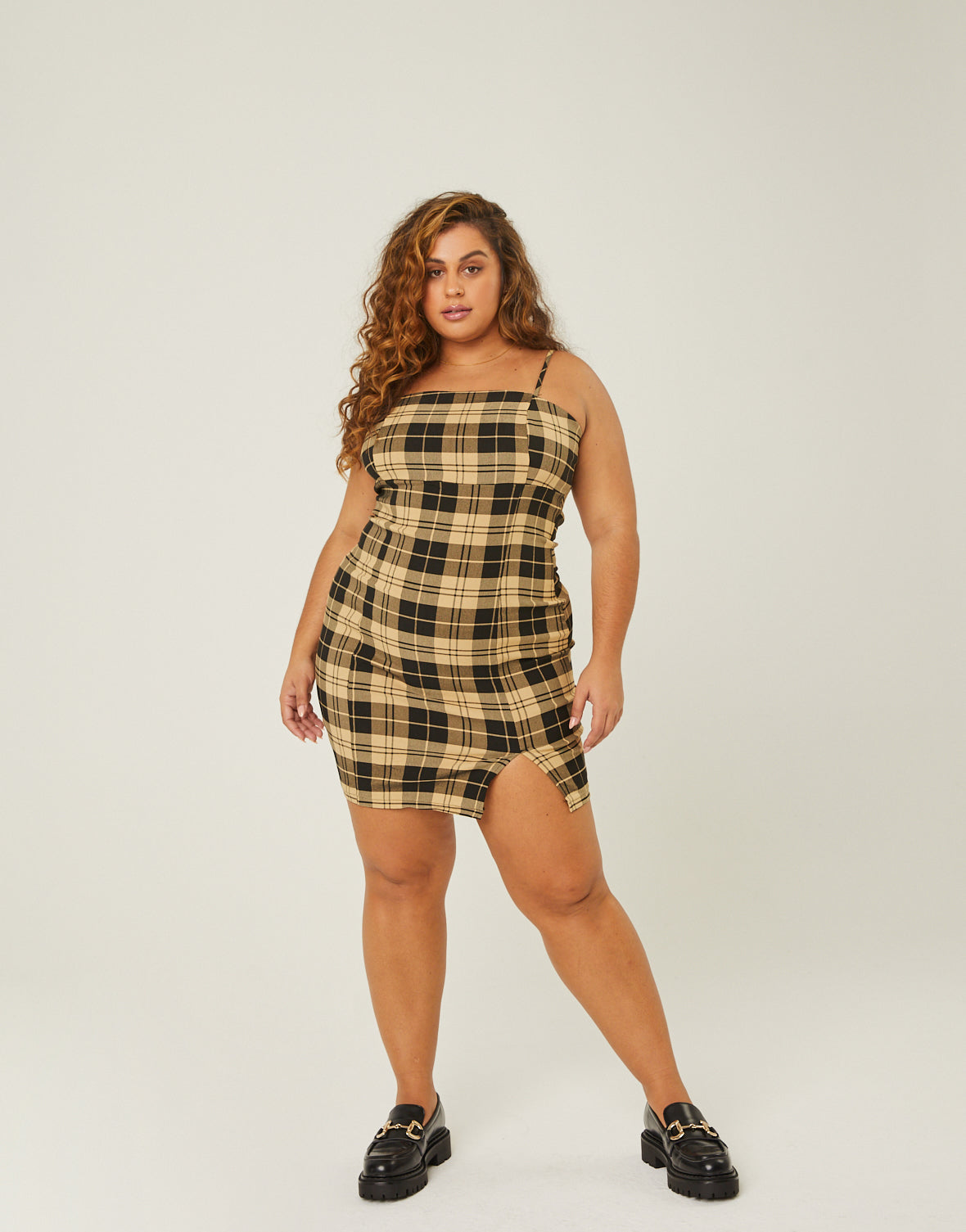 Plus Size Plaid Straight Neck Mini Dress