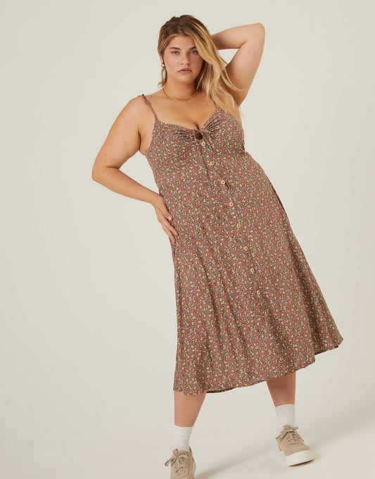 Plus Size Tie Strap Floral Button Dress