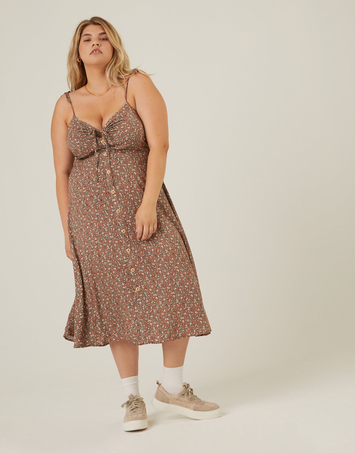 Plus Size Tie Strap Floral Button Dress