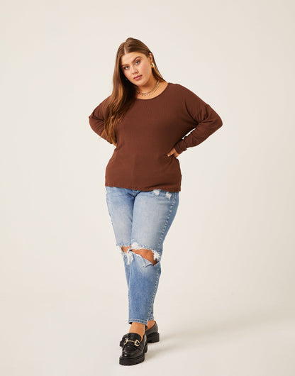Plus Size Rib Knit Long Sleeve Top